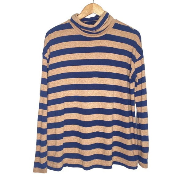J. Crew Tan Navy Blue Deck Striped Lightweight Turtleneck Top Size Small - Picture 2 of 10